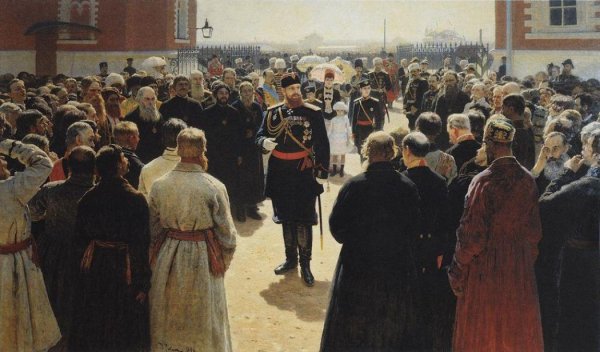 Aleksander III receiving rural district elders in the yard of Petrovsky Palace in Moscow