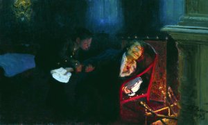 Gogol burning the manuscript of the second part of 'Dead Souls'