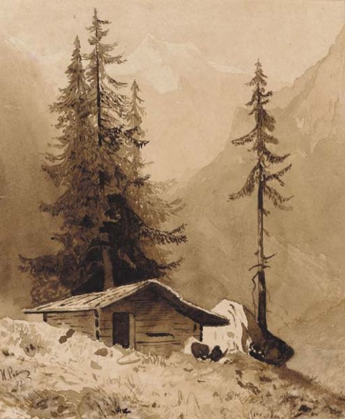 Wooden Hut in an Alpine Landscape