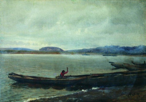 Landscape of the Volga with boats