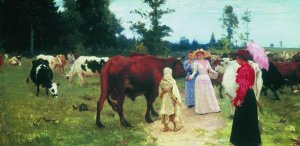 Young ladys walk among herd of cow