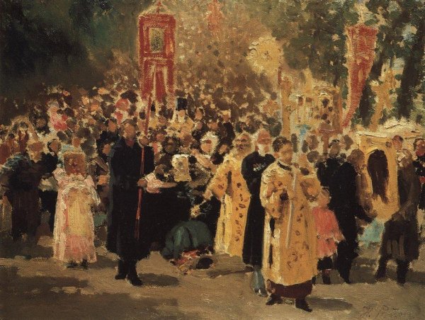 Religious procession in an oak forest. Appearance of the icon